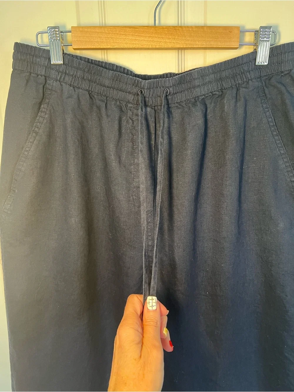 Banana Republic 100% Linen Wide Leg Pants Navy Blue Drawstring Size Large